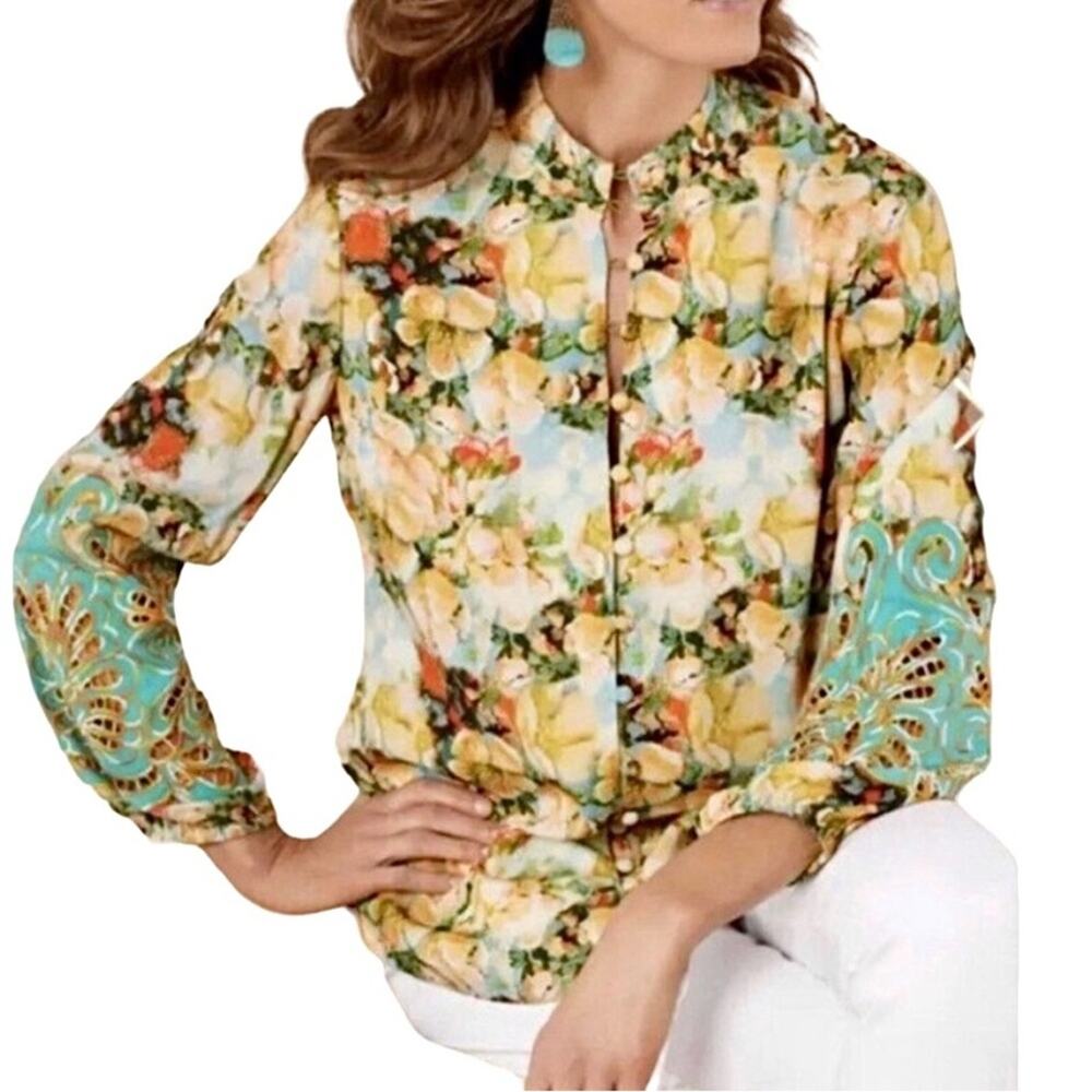 Soft Surroundings Women's Aqua Peach Floral Sidney Shirt Button‎ Blouse Size L